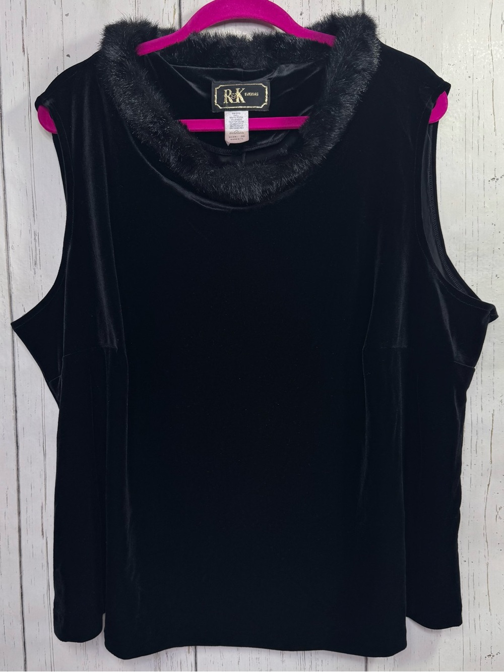 R&K Evening Black 3X Velvet Faux Fur Trim Sleeveless Top Goth Mob Wife Party